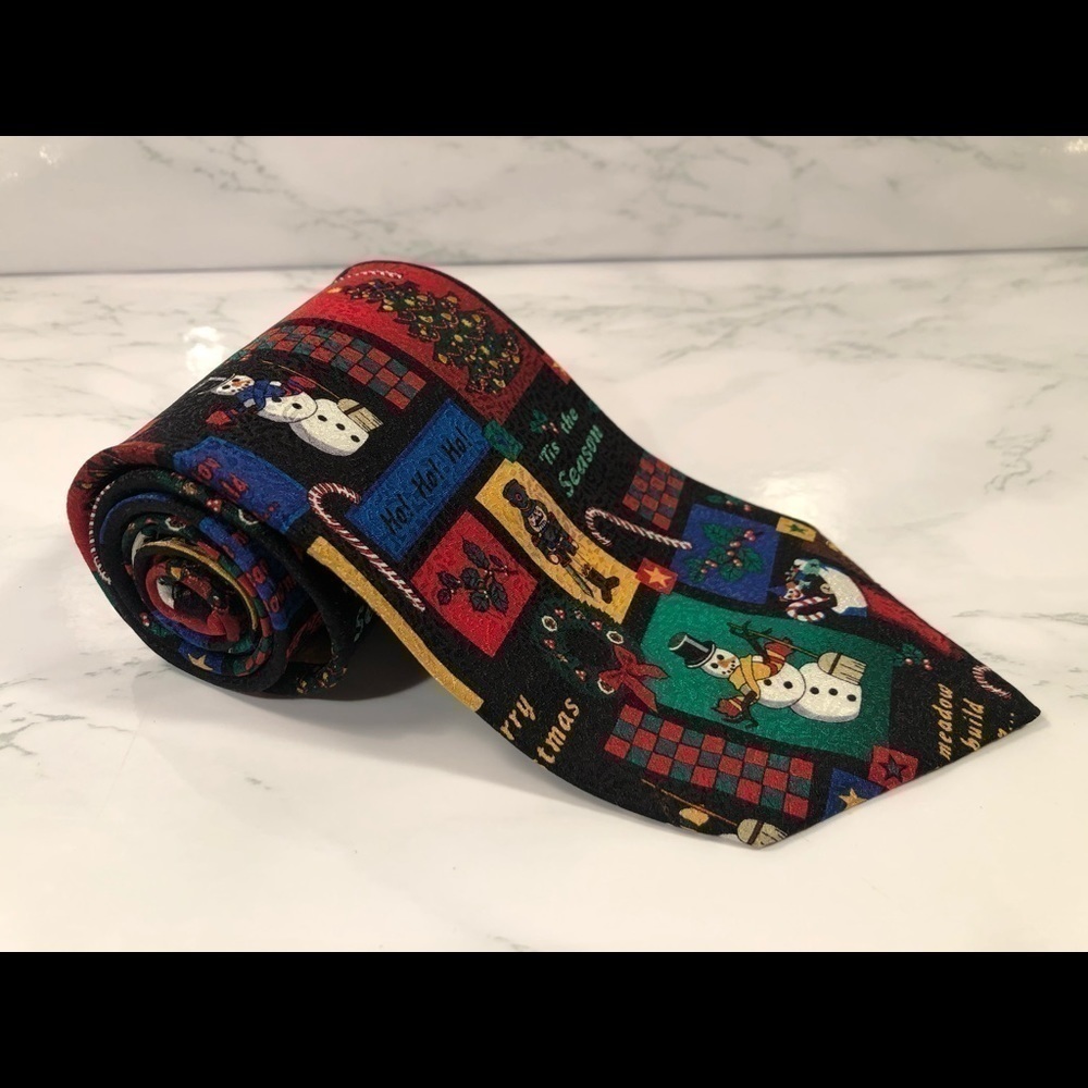 VTG RM Holiday Christmas Collage Neck Tie Ugly Christmas Snowman Nutcracker 1998